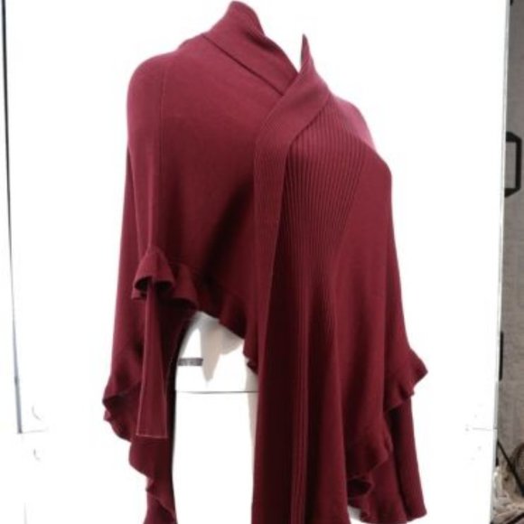 NWT‎ COLLEEN LOPEZ OPEN FRONT RUFFLE PONCHO SWEATER WINE M/L - Picture 8 of 11